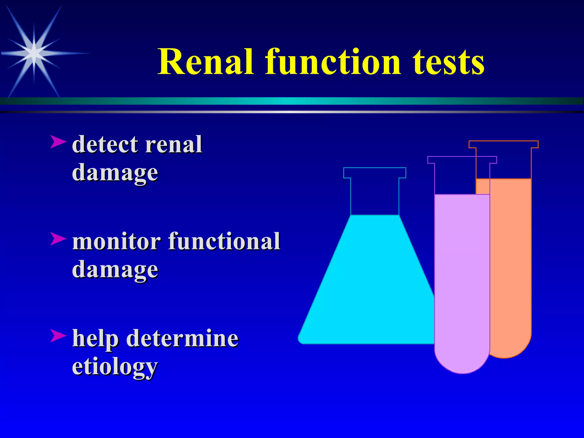 Renal function tests detect renal damage monitor functional damage help determine etiology 
