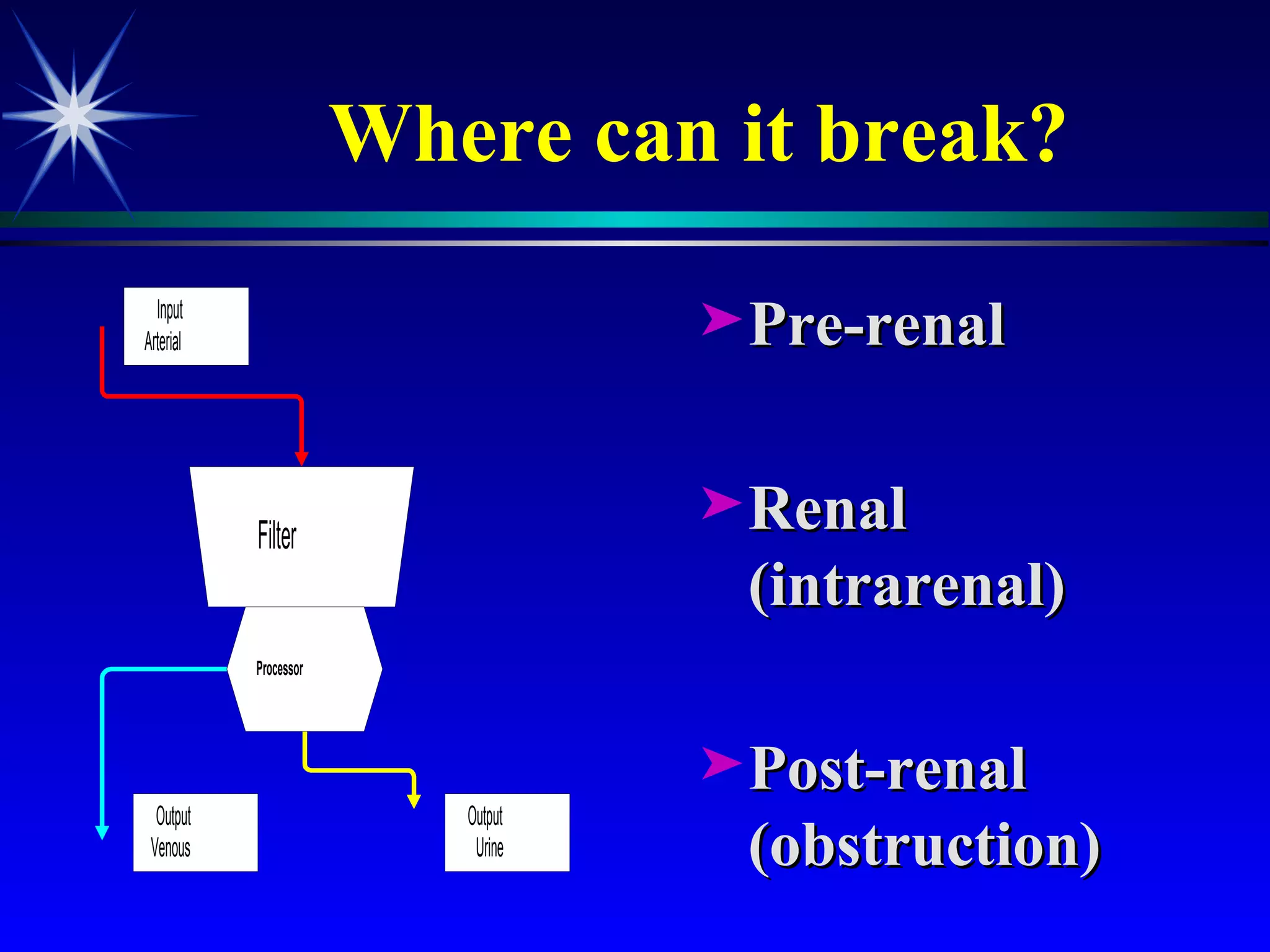 Where can it break? Pre-renal Renal (intrarenal) Post-renal (obstruction) 