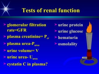 Tests of renal function glomerular filtration rate=GFR plasma creatinine= P cr plasma urea-P urea urine volume= V urine urea- U urea cystatin C in plasma? urine protein urine glucose hematuria osmolality 