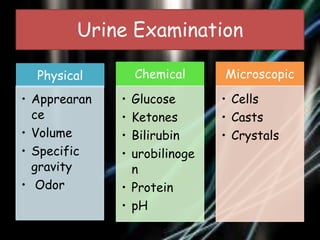 Urine Examination
Chemical

Physical
• Apprearan
ce
• Volume
• Specific
gravity
• Odor

•
•
•
•

Glucose
Ketones
Bilirubin
urobilinoge
n
• Protein
• pH

Microscopic
• Cells
• Casts
• Crystals

 