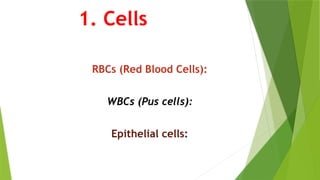 1. Cells
RBCs (Red Blood Cells):
WBCs (Pus cells):
Epithelial cells:
 