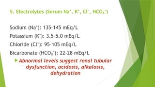 5. Electrolytes (Serum Na , K , Cl , HCO )
⁺ ⁺ ⁻ ₃⁻
Sodium (Na ): 135–145 mEq/L
⁺
Potassium (K ): 3.5–5.0 mEq/L
⁺
Chloride (Cl ): 95–105 mEq/L
⁻
Bicarbonate (HCO ): 22–28 mEq/L
₃⁻
 Abnormal levels suggest renal tubular
dysfunction, acidosis, alkalosis,
dehydration
 