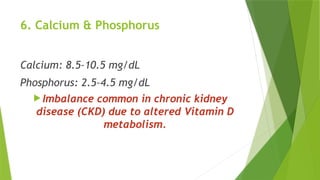 6. Calcium & Phosphorus
Calcium: 8.5–10.5 mg/dL
Phosphorus: 2.5–4.5 mg/dL
 Imbalance common in chronic kidney
disease (CKD) due to altered Vitamin D
metabolism.
 