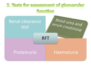 Renal clearance
test
Proteinuria Haematuria
RFT
 