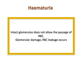 Intact glomerulus does not allow the passage of
RBC.
Glomerular damage, RBC leakage occurs
 