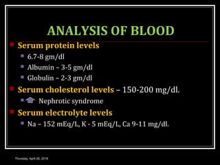 ANALYSIS OF BLOOD
 Serum protein levels
 6.7-8 gm/dl
 Albumin – 3-5 gm/dl
 Globulin – 2-3 gm/dl
 Serum cholesterol levels – 150-200 mg/dl.
 Nephrotic syndrome
 Serum electrolyte levels
 Na – 152 mEq/L, K - 5 mEq/L, Ca 9-11 mg/dl.
Thursday, April 26, 2018
 