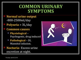 COMMON URINARY
SYMPTOMS
 Normal urine output
-800-2500ml/day
 Polyuria > 3L/day
 Common causes
 Physiological –
Psychogenic, drug induced
 Pathological – DI,
Mannitol infusion.
 Nocturia- Excess urine
excretion at night.
Thursday, April 26, 2018
 
