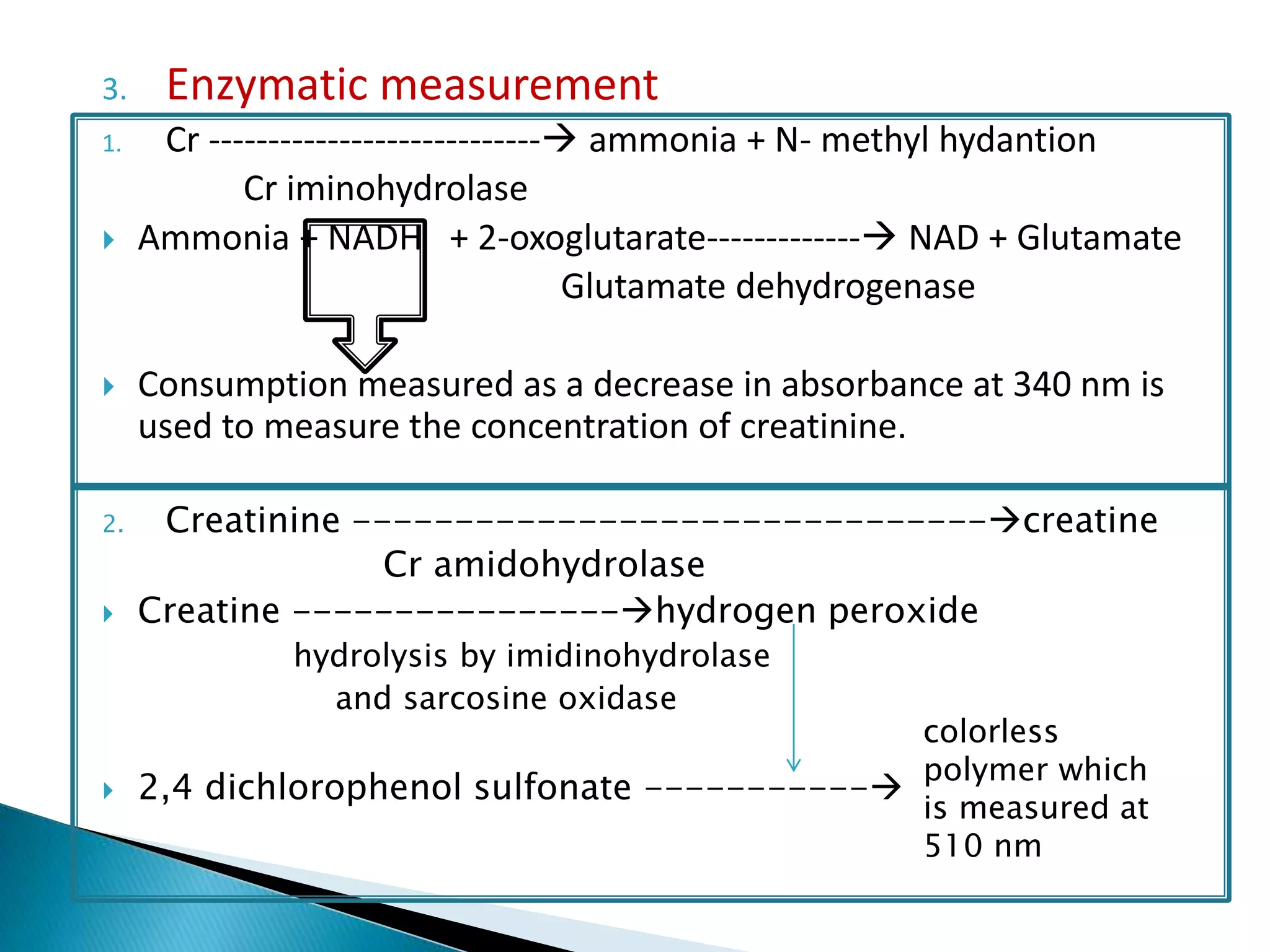 3. Enzymatic measurement
1. Cr ---------------------------- ammonia + N- methyl hydantion
Cr iminohydrolase
 Ammonia + NADH + 2-oxoglutarate------------- NAD + Glutamate
Glutamate dehydrogenase
 Consumption measured as a decrease in absorbance at 340 nm is
used to measure the concentration of creatinine.
2. Creatinine -------------------------------creatine
Cr amidohydrolase
 Creatine ----------------hydrogen peroxide
hydrolysis by imidinohydrolase
and sarcosine oxidase
 2,4 dichlorophenol sulfonate -----------
colorless
polymer which
is measured at
510 nm
 