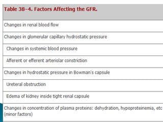 Mechanism of GFR
• hydrostatic pressure gradient
across the capillary wall
• Colloidal osmotic
pressure gradient across
the capillary wall
•Fluid pressure created by
fluid in bowman’s capsule
• permeability of
capillaries
 