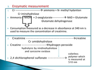 3. Enzymatic measurement
1. Cr ---------------------------- ammonia + N- methyl hydantion
Cr iminohydrolase
 Ammonia + NADH + 2-oxoglutarate------------- NAD + Glutamate
Glutamate dehydrogenase
 Consumption measured as a decrease in absorbance at 340 nm is
used to measure the concentration of creatinine.
2. Creatinine -------------------------------creatine
Cr amidohydrolase
 Creatine ----------------hydrogen peroxide
hydrolysis by imidinohydrolase
and sarcosine oxidase
 2,4 dichlorophenol sulfonate -----------
colorless
polymer which
is measured at
510 nm
 