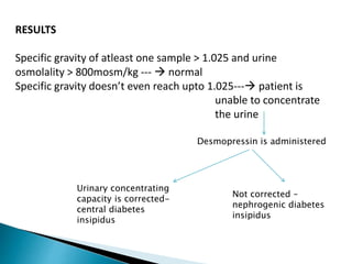 RESULTS
Specific gravity of atleast one sample > 1.025 and urine
osmolality > 800mosm/kg ---  normal
Specific gravity doesn’t even reach upto 1.025--- patient is
unable to concentrate
the urine
Desmopressin is administered
Urinary concentrating
capacity is corrected-
central diabetes
insipidus
Not corrected –
nephrogenic diabetes
insipidus
 