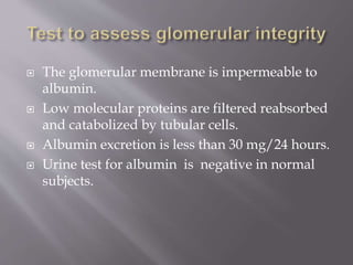  The glomerular membrane is impermeable to
albumin.
 Low molecular proteins are filtered reabsorbed
and catabolized by tubular cells.
 Albumin excretion is less than 30 mg/24 hours.
 Urine test for albumin is negative in normal
subjects.
 