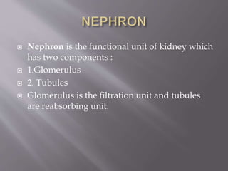  Nephron is the functional unit of kidney which
has two components :
 1.Glomerulus
 2. Tubules
 Glomerulus is the filtration unit and tubules
are reabsorbing unit.
 