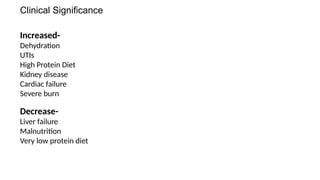Clinical Significance
Increased-
Dehydration
UTIs
High Protein Diet
Kidney disease
Cardiac failure
Severe burn
Decrease-
Liver failure
Malnutrition
Very low protein diet
 