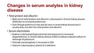 Changes in serum analytes in kidney
disease
• Total protein and albumin
• Both serum total protein and albumin is decreased in chronic kidney disease
(CKD) due to increased proteinuria
• Even though proteinuria may also be seen in acute kidney disease but it
usually does not alter the total protein and albumin
• Serum electrolytes
• Sodium is decreased (hyponatremia) and potassium is increased
(hyperkalemia) in chronic kidney disease (CKD) as kidney reabsorb sodium in
exchange of potassium
• Chloride and phosphate is increased in CKD
• Calcium is decreased as vitamin D is deficient
 