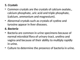 5. Crystals
• Common crystals are the crystals of calcium oxalate,,
calcium phosphate, uric acid and triple phosphate,
(calcium, ammonium and magnesium).
• Abnormal crystals such as crystals of cystine and
tyrosine appear in liver diseases.
6. Bacteria
• Bacteria are common in urine specimens because of
normal microbial flora of urinary tract, urethra and
vagina and because of their ability to multiply rapidly
in urine.
• Culture to determine the presence of bacteria in urine.
 