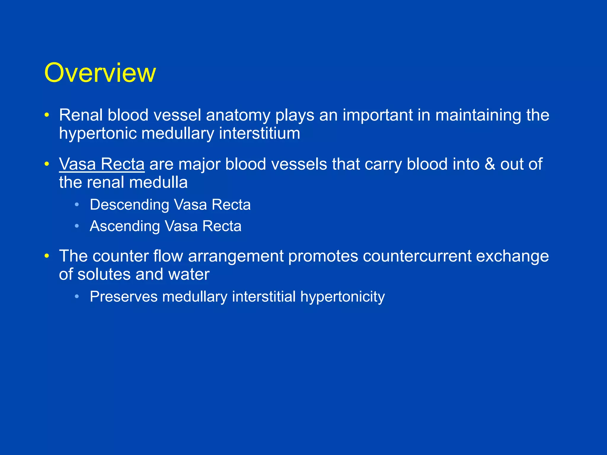 Overview
• Renal blood vessel anatomy plays an important in maintaining the
hypertonic medullary interstitium

• Vasa Recta are major blood vessels that carry blood into & out of
the renal medulla
• Descending Vasa Recta
• Ascending Vasa Recta

• The counter flow arrangement promotes countercurrent exchange
of solutes and water
• Preserves medullary interstitial hypertonicity

Comprehensive Clinical
Nephrology, 4th edition

 