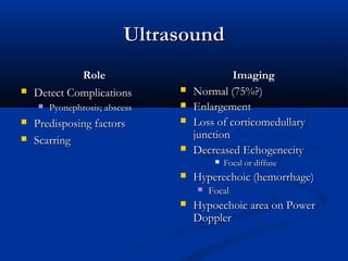 Ultrasound


Role
Detect Complications





Pyonephrosis; abscess

Predisposing factors
Scarring






Imaging
Normal (75%?)
Enlargement
Loss of corticomedullary
junction
Decreased Echogenecity




Hyperechoic (hemorrhage)




Focal or diffuse

Focal

Hypoechoic area on Power
Doppler

 