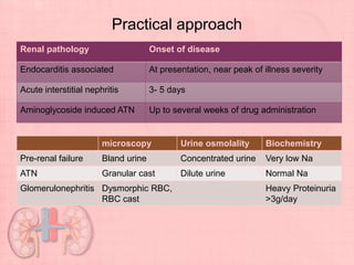 Practical approach
Renal pathology Onset of disease
Endocarditis associated At presentation, near peak of illness severity
Acute interstitial nephritis 3- 5 days
Aminoglycoside induced ATN Up to several weeks of drug administration
microscopy Urine osmolality Biochemistry
Pre-renal failure Bland urine Concentrated urine Very low Na
ATN Granular cast Dilute urine Normal Na
Glomerulonephritis Dysmorphic RBC,
RBC cast
Heavy Proteinuria
>3g/day
 