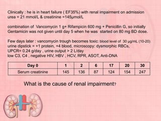 Clinically : he is in heart failure ( EF35%) with renal impairment on admission
urea = 21 mmol/L & creatinine =145μmol/L
combination of Vancomycin 1 g+ Rifampicin 600 mg + Penicillin G, so initially
Gentamicin was not given until day 5 when he was started on 80 mg BD dose.
Few days later : vancomycin trough becomes toxic: blood level of 30 μg/mL (10-20)
urine dipstick = +1 protein, +4 blood, microscopy: dysmorphic RBCs,
UPCR= 0.24 g/day , urine output > 2 L/day
low C3, C4 , negative HIV, HBV , HCV, RPR, ASOT, Anti-DNA
What is the cause of renal impairment?
Day 0 1 2 6 17 20 30
Serum creatinine 145 136 87 124 154 247
 