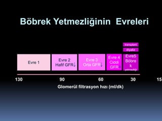 Böbrek Yetmezliğinin Evreleri

                                                   transplant
                                                    diyaliz

                                        Evre 4     Evre5
                Evre 2       Evre 3                Böbre
      Evre 1                            Ciddi
               Hafif GFR    Orta GFR                 k
                                         GFR
                                                   yetmezliği


130              90                60                  30       15
                Glomerül filtrasyon hızı (ml/dk)
 