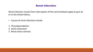 Renal infarction
Renal infarction results from interruption of the normal blood supply to part of,
or to the whole kidney.
• Causes of renal infarction include
1. Thromboembolism
2. Aortic dissection
3. Renal artery stenosis
 