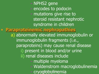 -  NPHS2 gene -  encodes to podocin -  mutations give rise to    steroid resistant nephrotic    syndrome in children Paraproteinemic nephropathies a)  abnormally elevated immunoglobulin or   immunoglobulin fragments (i.e.,        paraproteins) may cause renal disease i)  present in blood and/or urine ii)  renal diseases include -  multiple myeloma -  Waldenstrom macroglobulinemia -  cryoglobulinemia www.freelivedoctor.com 