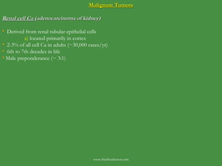 Malignant Tumors Renal cell Ca  (adenocarcinoma of kidney) Derived from renal tubular epithelial cells a)  located primarily in cortex 2-3% of all cell Ca in adults (~30,000 cases/yr) 6th to 7th decades in life Male preponderance (~ 3:1) www.freelivedoctor.com 