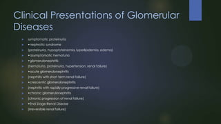 Clinical Presentations of Glomerular
Diseases


symptomatic proteinuria



•nephrotic syndrome



(proteinuria, hypoproteinemia, lyperlipidemia, edema)



•asymptomatic hematuria



•glomerulonephritis



(hematuria, proteinuria, hypertension, renal failure)



•acute glomerulonephritis



(neprhitis with short term renal failure)



•crescentic glomerulonephritis



(nephritis with rapidly progressive renal failure)



•chronic glomerulonephritis



(chronic progression of renal failure)



•End Stage Renal Disease



(irreversible renal failure)

 