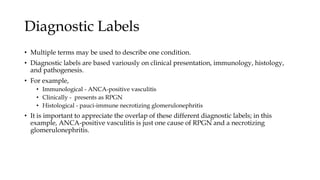 Diagnostic Labels
• Multiple terms may be used to describe one condition.
• Diagnostic labels are based variously on clinical presentation, immunology, histology,
and pathogenesis.
• For example,
• Immunological - ANCA-positive vasculitis
• Clinically - presents as RPGN
• Histological - pauci-immune necrotizing glomerulonephritis
• It is important to appreciate the overlap of these different diagnostic labels; in this
example, ANCA-positive vasculitis is just one cause of RPGN and a necrotizing
glomerulonephritis.
 