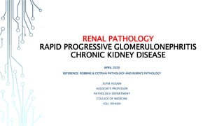 RENAL PATHOLOGY
RAPID PROGRESSIVE GLOMERULONEPHRITIS
CHRONIC KIDNEY DISEASE
APRIL 2020
REFERENCE: ROBBINS & COTRAN PATHOLOGY AND RUBIN’S PATHOLOGY
SUFIA HUSAIN
ASSOCIATE PROFESSOR
PATHOLOGY DEPARTMENT
COLLEGE OF MEDICINE
KSU, RIYADH
 