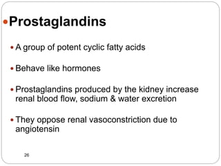 Prostaglandins
 A group of potent cyclic fatty acids
 Behave like hormones
 Prostaglandins produced by the kidney increase
renal blood flow, sodium & water excretion
 They oppose renal vasoconstriction due to
angiotensin
26
 
