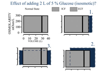 40
300
200
100
0
0 10 20 30
OSMOLARITY
mOsm/L
Normal State
VOLUME (L)
ECF
ICF
1.
2.
3.
Effect of adding 2 L of 5 % Glucose (isosmotic)?
 