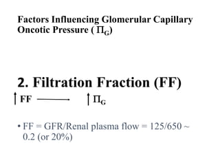 Factors Influencing Glomerular Capillary
Oncotic Pressure ( PG)
2. Filtration Fraction (FF)
FF PG
• FF = GFR/Renal plasma flow = 125/650 ~
0.2 (or 20%)
 