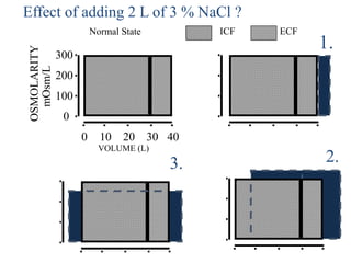 40
300
200
100
0
0 10 20 30
OSMOLARITY
mOsm/L
Normal State
VOLUME (L)
ECF
ICF
1.
2.
3.
Effect of adding 2 L of 3 % NaCl ?
 