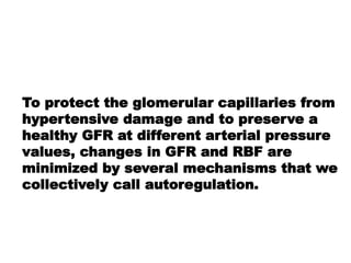 To protect the glomerular capillaries from
hypertensive damage and to preserve a
healthy GFR at different arterial pressure
values, changes in GFR and RBF are
minimized by several mechanisms that we
collectively call autoregulation.
 