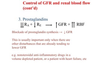 Control of GFR and renal blood flow
(cont’d)
3. Prostaglandins
RA + RE GFR + RBF
Blockade of prostaglandin synthesis → ↓ GFR
This is usually important only when there are
other disturbances that are already tending to
lower GFR
e.g. nonsteroidal anti-inflammatory drugs in a
volume depleted patient, or a patient with heart failure, etc
 