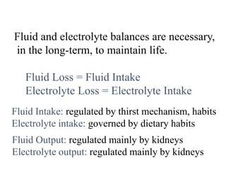 Balance Concept
Fluid and electrolyte balances are necessary,
in the long-term, to maintain life.
Fluid Loss = Fluid Intake
Electrolyte Loss = Electrolyte Intake
Fluid Intake: regulated by thirst mechanism, habits
Electrolyte intake: governed by dietary habits
Fluid Output: regulated mainly by kidneys
Electrolyte output: regulated mainly by kidneys
 