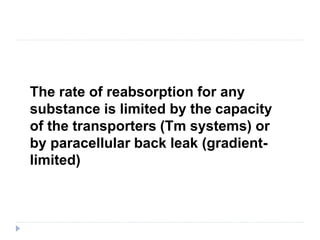The rate of reabsorption for any
substance is limited by the capacity
of the transporters (Tm systems) or
by paracellular back leak (gradient-
limited)
 