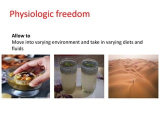 Allow to
Move into varying environment and take in varying diets and
fluids
 