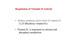 Regulation of Vitamin D Activity
• Kidney produces active form of vitamin D
(1,25 dihydroxy vitamin D3)
• Vitamin D3 is important in calcium and
phosphate metabolism
 