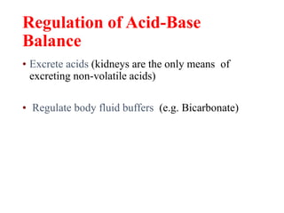 Regulation of Acid-Base
Balance
• Excrete acids (kidneys are the only means of
excreting non-volatile acids)
• Regulate body fluid buffers (e.g. Bicarbonate)
 