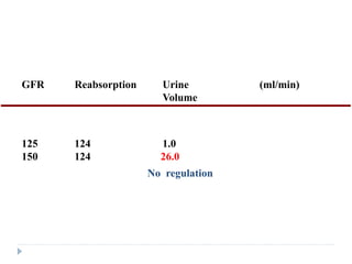GFR Reabsorption Urine (ml/min)
Volume
No regulation
125 124 1.0
150 124 26.0
 