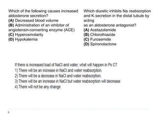 Which of the following causes increased
aldosterone secretion?
(A) Decreased blood volume
(B) Administration of an inhibitor of
angiotensin-converting enzyme (ACE)
(C) Hyperosmolarity
(D) Hypokalemia
Which diuretic inhibits Na+ reabsorption
and K+ secretion in the distal tubule by
acting
as an aldosterone antagonist?
(A) Acetazolamide
(B) Chlorothiazide
(C) Furosemide
(D) Spironolactone
 