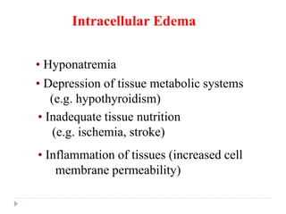 Intracellular Edema
• Hyponatremia
• Depression of tissue metabolic systems
(e.g. hypothyroidism)
• Inadequate tissue nutrition
(e.g. ischemia, stroke)
• Inflammation of tissues (increased cell
membrane permeability)
 