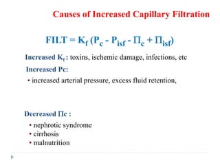 Causes of Increased Capillary Filtration
FILT = Kf (Pc - Pisf - Pc + Pisf)
Increased Kf : toxins, ischemic damage, infections, etc
Increased Pc:
• increased arterial pressure, excess fluid retention,
Decreased Pc :
• nephrotic syndrome
• cirrhosis
• malnutrition
 