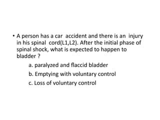• A person has a car accident and there is an injury
in his spinal cord(L1,L2). After the initial phase of
spinal shock, what is expected to happen to
bladder ?
a. paralyzed and ﬂaccid bladder
b. Emptying with voluntary control
c. Loss of voluntary control
 