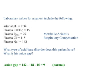 Laboratory values for a patient include the following:
arterial pH = 7.34
Plasma HCO3
- = 15
Plasma PCO2
= 29
Plasma Cl- = 118
Plasma Na+ = 142
What type of acid-base disorder does this patient have?
What is his anion gap?
Metabolic Acidosis
Respiratory Compensation
Anion gap = 142 - 118 - 15 = 9 (normal)
 