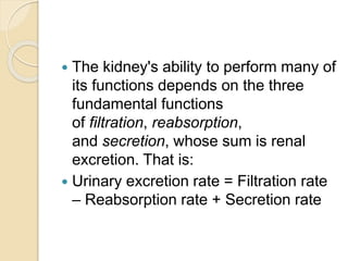  The kidney's ability to perform many of
its functions depends on the three
fundamental functions
of filtration, reabsorption,
and secretion, whose sum is renal
excretion. That is:
 Urinary excretion rate = Filtration rate
– Reabsorption rate + Secretion rate
 