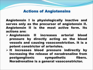 Actions of Angiotensins
Angiotensin I is physiologically inactive and
serves only as the precursor of angiotensin II.
Angiotensin II is the most active form. Its
actions are:
 Angiotensin II increases arterial blood
pressure by directly acting on the blood
vessels and causing vasoconstriction. It is a
potent constrictor of arterioles.
 It increases blood pressure indirectly by
increasing the release of noradrenaline from
postganglionic sympathetic fibers.
Noradrenaline is a general vasoconstrictor.
 